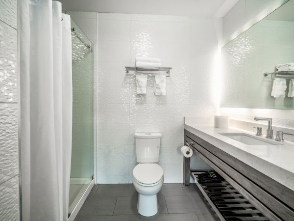 This image shows a modern bathroom with a toilet, shower, large mirror, and countertop with towels neatly arranged.